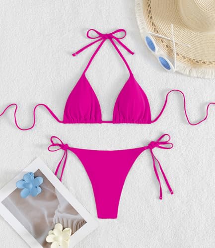 Image of Tainehs Women's Sexy Halter Thong Bikini Tie Two Sides Bottom Triangle Bikini Swimsuits