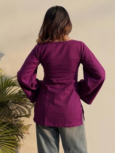 Image of ANNI Designer Short Kurti for Women Solid Design | V Neck Full Sleeve Kurti Tops for Women | Stylish Kurtis & Short Kurtis for Woman | Casual Kurti with Jeans | Kurtas for Woman
