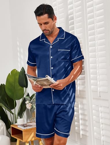 Vssjavun Mens Satin Silk Pajamas Sets Short Sleeve Button-Down Sleepwear Two Piece Loungewear with Pockets