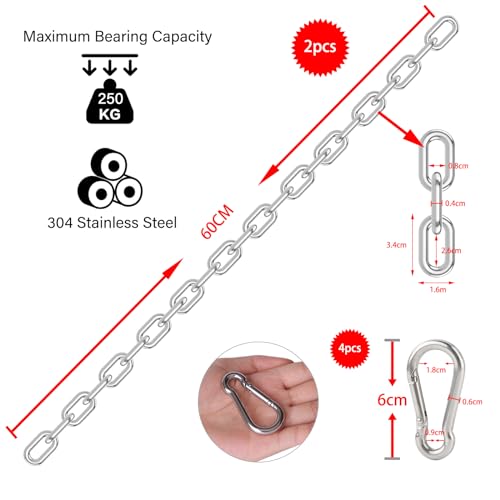 DesertBoy 2Pcs Stainless Steel Chain Heavy Duty M4 Hanging Chair Chain (0.6M/23.7Inch) with M6 Carabiners Swing Chain for Hanging Sandbags Hanging Chairs - Image 2