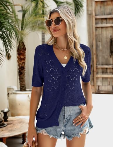 Image of Zeagoo Women's Short Sleeve 2026 Summer Crochet Cropped Cardigan V Neck Button up Bolero Shrug Sweater