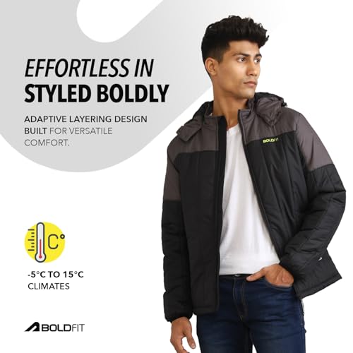 Buy Boldfit Men's Quilted Hooded Winter Jacket BlackGrey - Image 4