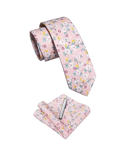 Image of YourTies Cotton Floral Tie for Men 2.5 inch Printed Skinny Necktie Pocket Square Tie Clip Set Flower Wedding Party Groom