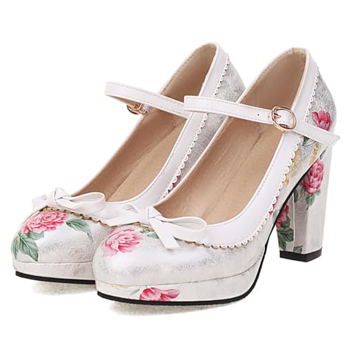 Women's Chunky Block High Heels Pumps Shoes Round Toe Platform Flowers Bow Mary Jane Dressy Shoes2