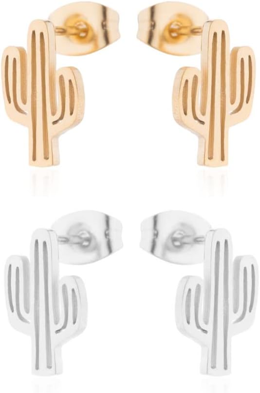 MOKAVIKY 25 2 Pairs Cactus Stud Earrings for Women, Stainless Steel, Modern Stud, Unisex, Gold, Silver - Image 6
