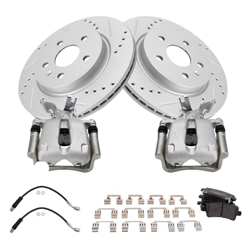 Image of TRQ Performance Rear Brake Pad and Rotor Set Ceramic Slotted Drilled Coated Rotors Calipers Compatible with 2014-2015 Chevrolet Malibu 2016 Malibu Limited