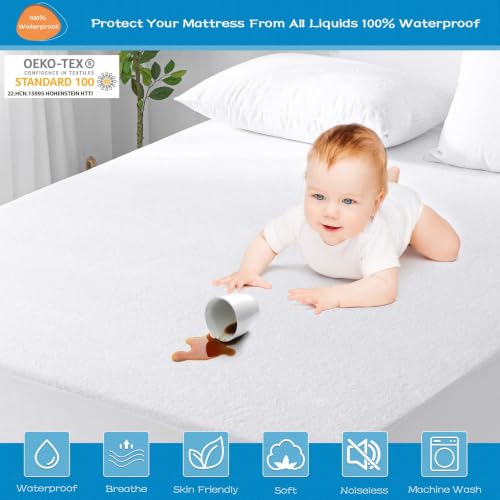Image of GRT 2 Pack King Mattress Protector Waterproof, Breathable & Noiseless Premium Terry Waterproof Mattress Protector Fitted Deep Pocket from 5 inch to 21 inch, Smooth King Mattress Cover Machine Washable