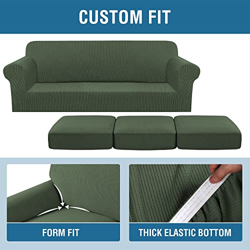 H.versailtex 4 Piece Stretch Sofa Covers For 3 Cushion Couch Covers For Living Room Furniture Slipcovers (Base Cover Plus 3 Seat Cushion Covers) Upgraded Thicker Jacquard Fabric (Sofa, Bronze Green) #TOP3