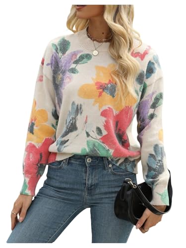 WDIRARA Women's Floral Print Sweater Vintage Crew Neck Long Sleeve Pullover Knit Top