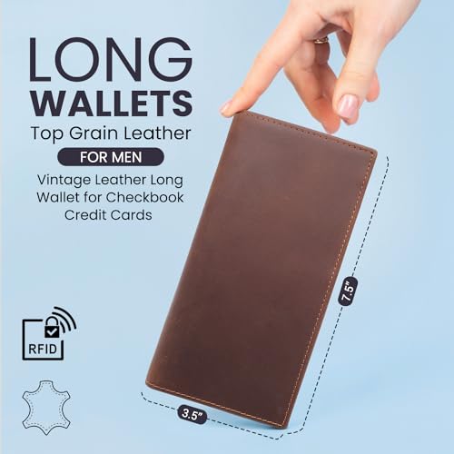 Long Wallets for Men, Genuine Leather Long Bifold Wallet Checkbook Wallets, RFID Blocking, Vintage Leather Long Wallet for Checkbook Credit Cards (Dark Brown)2