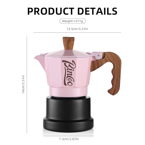 Image of Bincoo Espresso Maker Stovetop,Camping Moka Pot 2 Cup /120ML,Stove Top Espresso Italian Coffee Maker,Easy to Use (Pink-black)