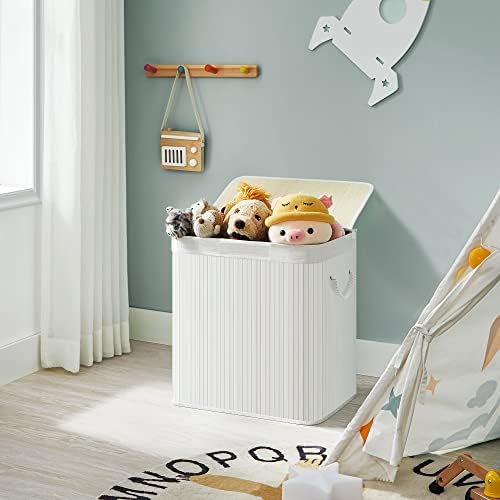 SONGMICS Laundry Hamper Basket with 3 Sections, Clip-on Lid and Handles, 150L Foldable, for Laundry Room, Bedroom, Bathroom, White LCB091W01