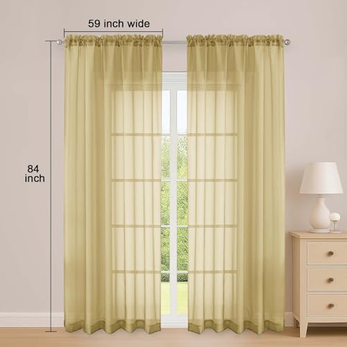 Image of OWENIE Sheer Curtains 84 Inches Long 2 Panels Set, Sheer Gold Curtains for Living Room Bedroom 59 Inch Extra Wide, Modern Voile Filmy Rod Pocket Drapes, 2 Pcs, Each 59 W x 84L, Gold