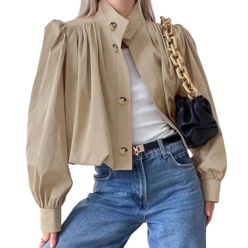 Women's Spring Stand Collar Single Breasted Short Jacket Puff Sleeve