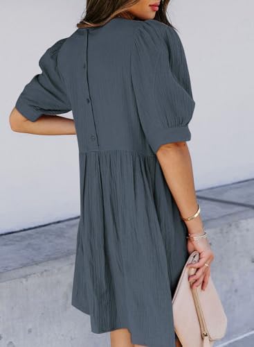 Image of Dokotoo Womens Summer Crewneck Puff Sleeve Babydoll Elegant Empire Waist Mini Swing Skater Dresses with Pockets