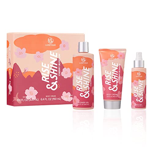 SPA LUXETIQUE Bath Gift Set, Cherry Blossom Shower Gel, Body Cream, Body Mist, Spa Kit for Women & Men (3-Pack)