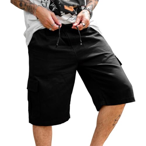 Bermuda Cargo Masculina Short Com 6 Bolsos Sarja Algodão Lisa (BR, Alfa, GG, Regular, Regular, Preto