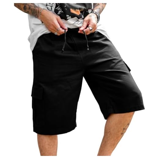 Bermuda Cargo Masculina Short Com 6 Bolsos Sarja Algodão Lisa (BR, Alfa, GG, Regular, Regular, Preto)