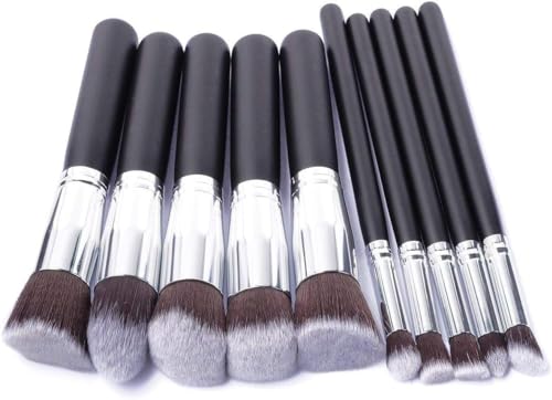 10 Pcs Cosmetic Makeup Brush Set with 5 Pcs Big 5 Pcs Small Makeup Brushes – Black&Silver