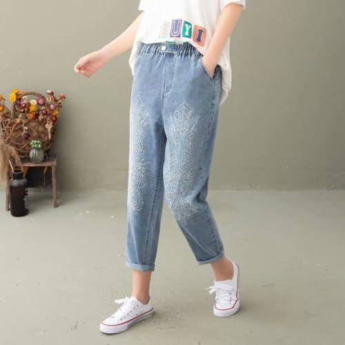Women's Capri Pants Summer Wide Leg High Waist Pants Drawstring Casual Pants with Pockets Embroidery Jeans Blue4