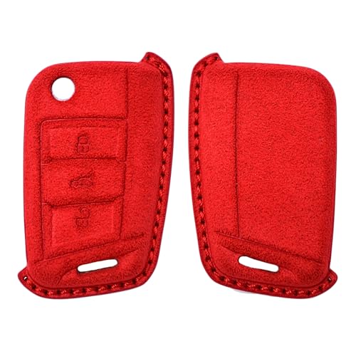 Image of KMH Alcantara Car Key Cover Compatible with Volkswagen Polo Vento Jetta Ameo Passat and Skoda Rapid Laura Superb Octavia Fabia Yeti 3 Button Shell Case Holder Smart Keycover (D1) Red - Pack of 1