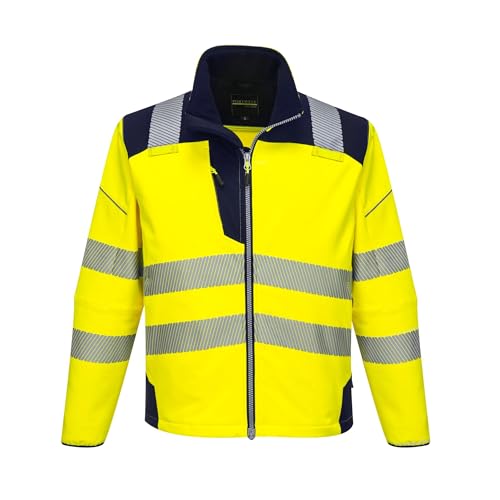 Portwest T402 Men's PW3 Hi Vis Safety Jacket - Windproof Water Resistant High Visibility Reflective Softshell Jacket Yellow/Navy, X-Large