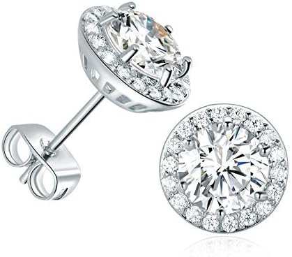 Gold Plated Cubic Zirconia Stud Earrings, Simulated Diamond Halo Stud Earrings with Large 7mm and 18pcs Small Bright CZ Earrings