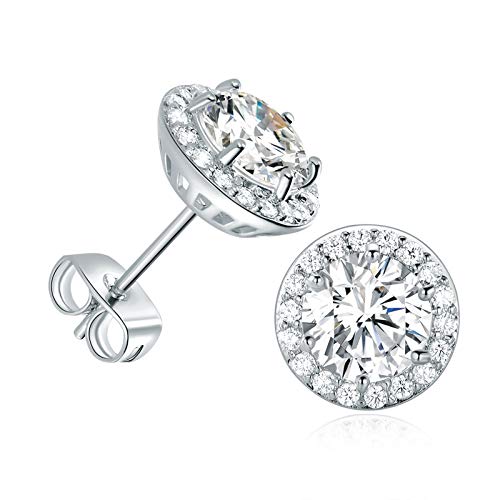 Silver Earrings, stud earrings for women with 18K White Gold Plated Earring Hypoallergenic Round Cut Cubic Zirconia Earrings