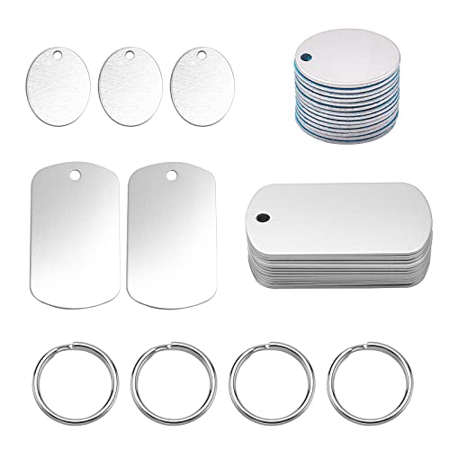 AHANDMAKER 28 Pièces Étiquettes d'Estampage Vierges Pendentifs Vierges en Aluminium, Bouclier et Étiquettes Vierges de Forme Ovale avec 30 Porte-Clés, pour la Fabrication de Collier de Chien