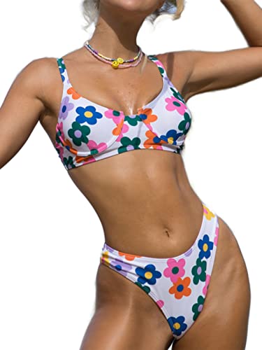 BIKINX Trajes de baño para mujer, sexy, de corte alto, floral, con aros, push up, trajes de baño de 2 piezas, Z-azul y blanco, 12