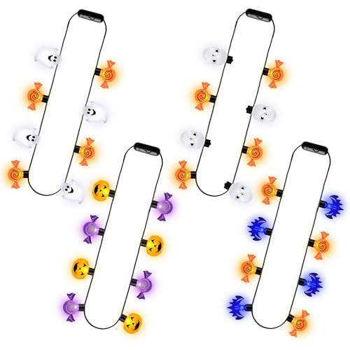 EOBOH 4PCS Halloween Necklace Accessories 4 Kinds Light up Halloween Necklaces Glow Necklace with Pumpkin Bats Ghost Skulls Decor Colorful Glow Accessories Bulk for Trick or Treat Party Favors