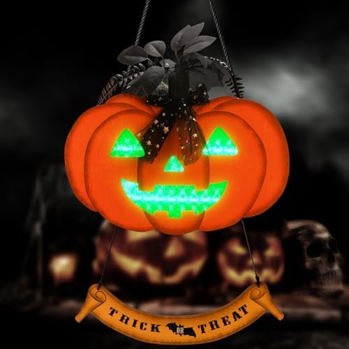 Halloween Pumpkins Light Decoration,Trick or Treat Sign with Rope Hanger Pumpkin Lights Decorations,Halloween Door Decorations for Front Door Wall Indoor Outdoor Decor(Batteries not Supplied)