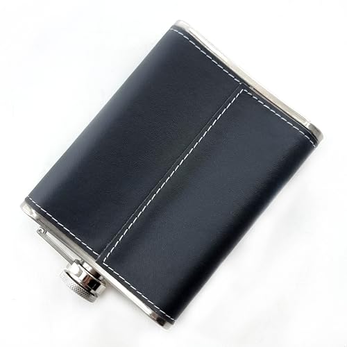 Image of JWPB Stainless Steel Hip Flask with Funnel 8 Oz (236 ml) I Stitched PU Leather Cladding with Metal Plate Design Whiskey Flask I Unisex Alcoholic Drinks Holder Pocket Bottle (JWP Black+Funnel)