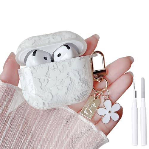 Image of MINSCOSE for AirPods 4 Clear Case,Cute Lace Flower Pattern Design with Trendy Keychain,Soft TPU Protective Shockproof Cover with Cleaner Kit for Girls Women for AirPods 4-White