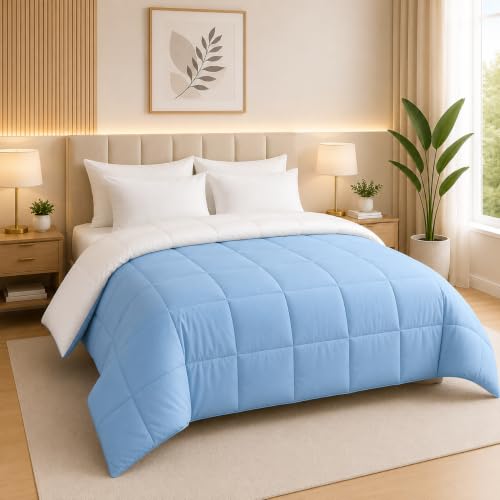 Image of Reversible Comforter Single Bed | Sky Blue & White | 200 GSM Lightweight All Season Comforter | Soft & Cozy Quilt Blanket