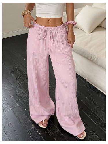SOLY HUX Women's Wide Leg Pants Tie Front Elastic Waist Baggy Textured Long Pants Trousers with Pockets4