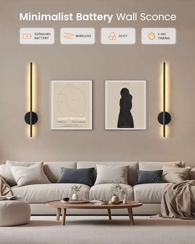 Image of NIORSUN 28 Inch Battery Operated Wall Sconce Set of 2, 360 Rotation Dark Black Rechargeable Wall Lights with Detachable Tube and Remote, 3CCT Dimmable Wall Lamp for Living Room Bedroom Hallway