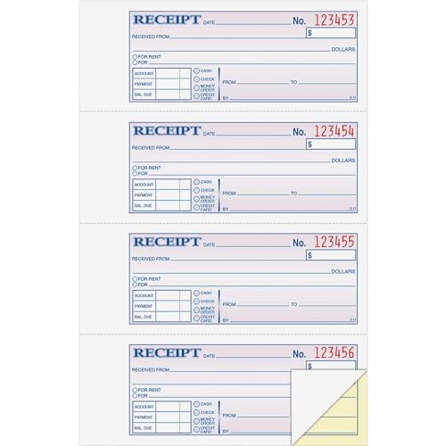 Adams Money and Rent Receipt Book, 2-Part, Carbonless, White/Canary, 7-5/8' x 10-7/8', Bound Wraparound Cover, 200 Sets per Book, 4 Receipts per Page (DC1182)