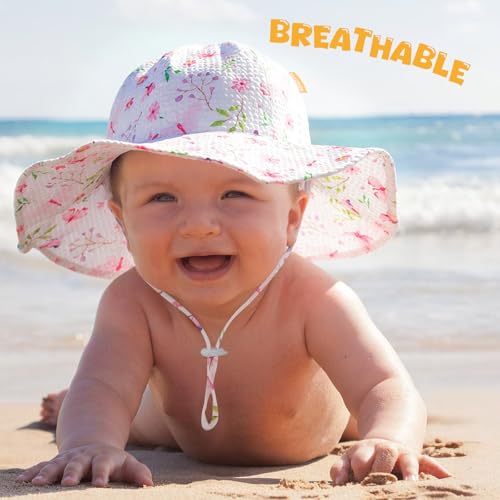 Image of HONGTEYA Baby Sun Hat Toddler Girl Beach Hat Sun Protection Adjustable Outdoor Summer Wide Brim Bucket Hat for Infant Kids