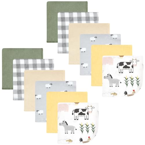 Image of Hudson Baby Unisex Baby Flannel Cotton Poly Washcloths, Cute Farm 12 Pack, One Size