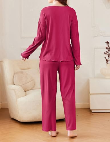 Ekouaer Womens Ribbed Knit Pajamas Set V Neck Long Sleeve Pj Set 2 Piece Loungewear Casual Sleepwear