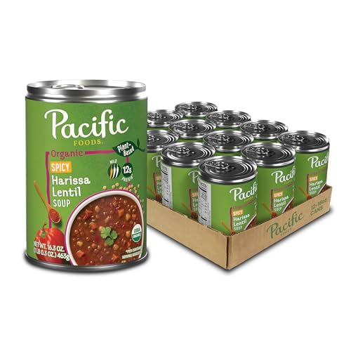 Image of Pacific Foods Organic Spicy Harissa Lentil Soup, Plant Based, 16.3 oz Can (Pack of 12)