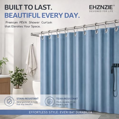 Image of EHZNZIE Stone Blue Shower Curtain Liner 72x72, PEVA Waterproof Bath Curtain, No Chemical Smell, 3 Weighted Magnets, Durable with Rustproof Metal Grommets