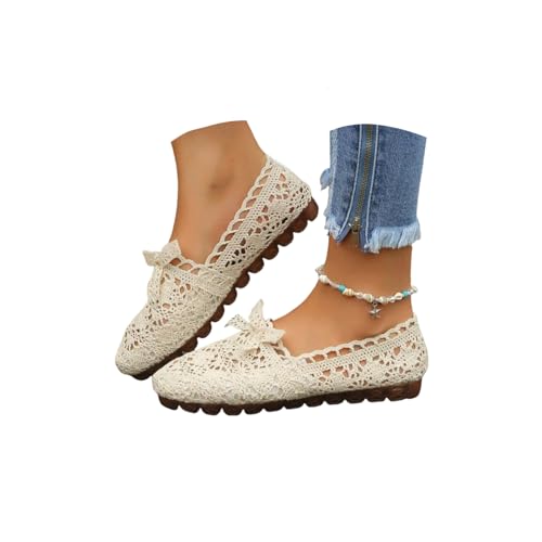 Women's Lace Ballet Flats Round Toe Fishnet Ballerina Flats Elastic Strap Mary Jane Ballet Shoe for Parties or Casual Dress Shoes Bowknot Cute Dressy Shoes for Wedding Party Daily