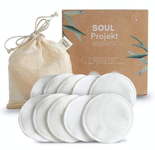 Soul Projekt 10 x Reusable Make Up Remover Pads, 3 Layers, Washable Organic Bamboo Cotton Cleansing Face Wipes, Mesh Laundry Bag, Eco-Friendly & Zero Waste, For All Skin Types (8cm)