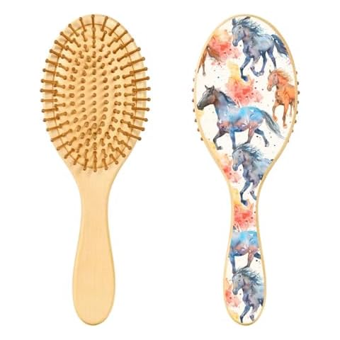 Wooden Hair Brush, Watercolor Horses Pattern Hairbrush Cover