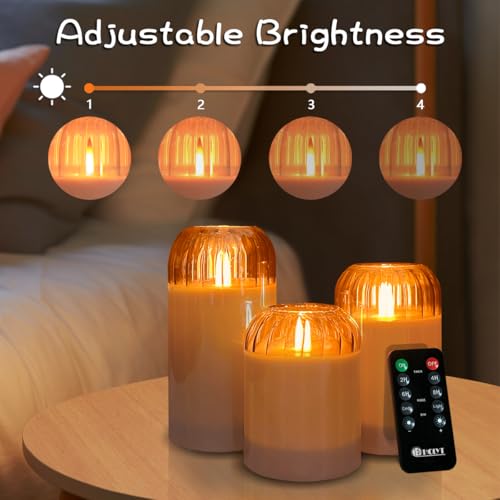Image of LEDHOLYT Rechargeable Jar Flameless Candle, Flashing LED Pillar Real Wax Candle with Remote Control and Timer, Black Pumpkin Glass Electronic Candles for Room Decoration, 1 Set of 3