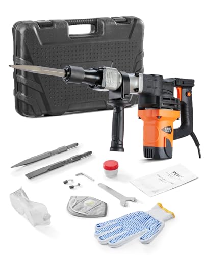 VEVOR Martillo de Demolición 1400 W 19 J 2900 BPM Martillo Eléctrico con Cable 5/8' con 2 Cinceles Reemplazables Mango Giratorio 360° Rompe Hormigón Antivibración para Cincelar Construcción Fontanería