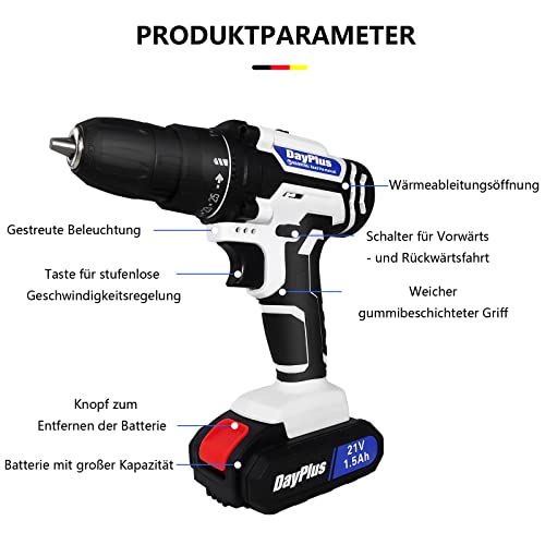 Akku-Bohrschrauber-Set mit 26-teiligem Bohrer-Set, elektrische Bohrmaschine, 21V-Lithiumbatterie, 2 variable… – Bild 3