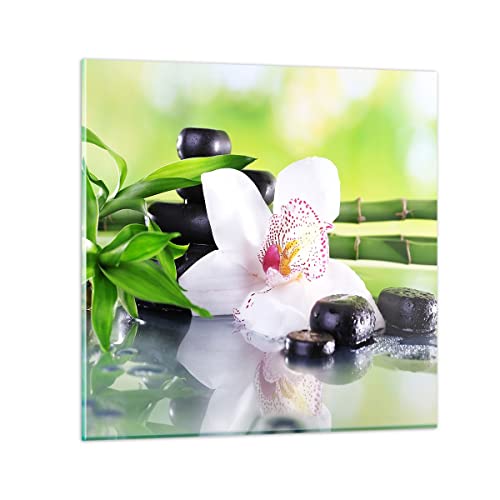 Deco Cadre Salon fleur d'orchidée Moderne Impression sur Verre 50x50cm Image Tableau en Verre Decoration Murale Chambre Cuisine Carré Art Wall Decor Petit Tableaux...